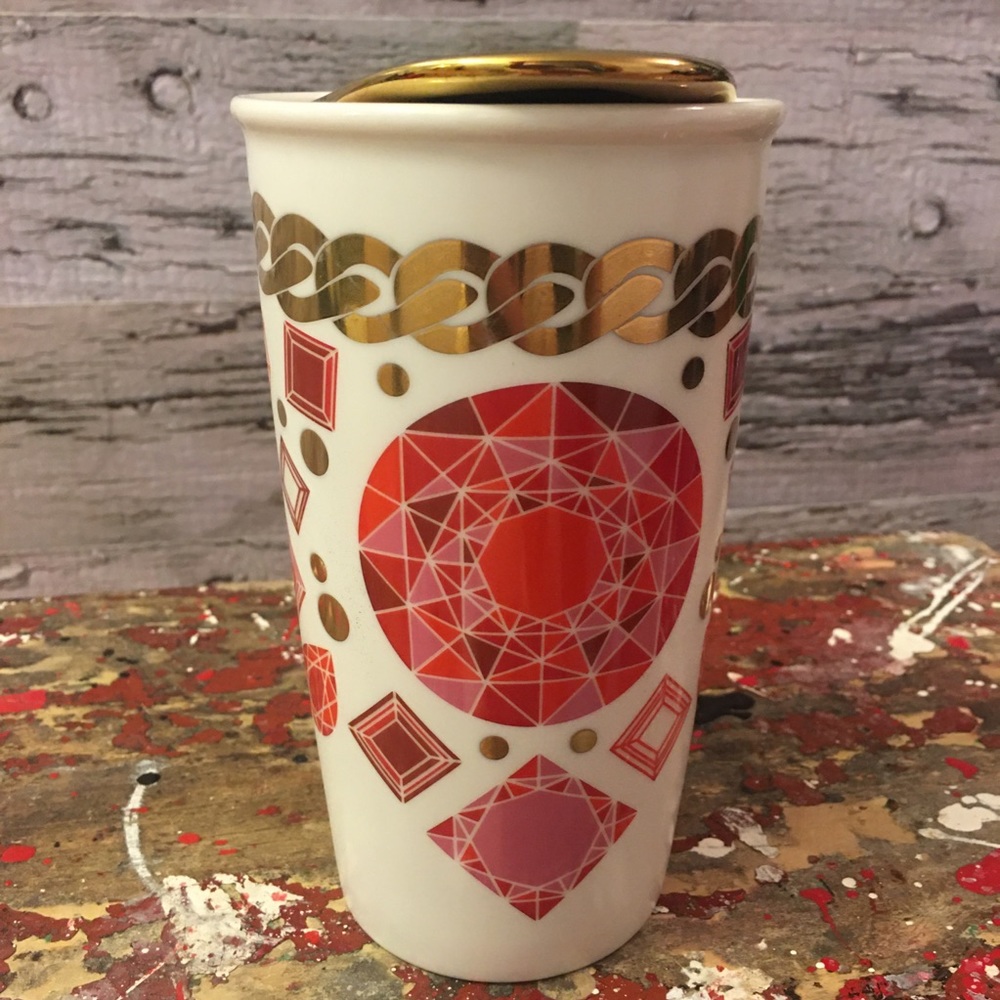 2014 Starbucks Red Gem and Gold Chain Holiday Traveler Tumbler Mug